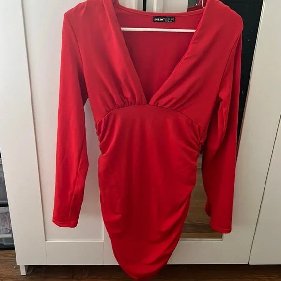 shein red dress long sleeve shein long dresses long sleeve SHEIN Solid Color Asymmetric Neck Long Sleeve Bow Decor Dress TRENDYEG